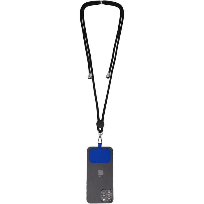 Kubi Phone Lanyard - A black phone lanyard with a blue attachment, featuring a phone secured at the bottom.