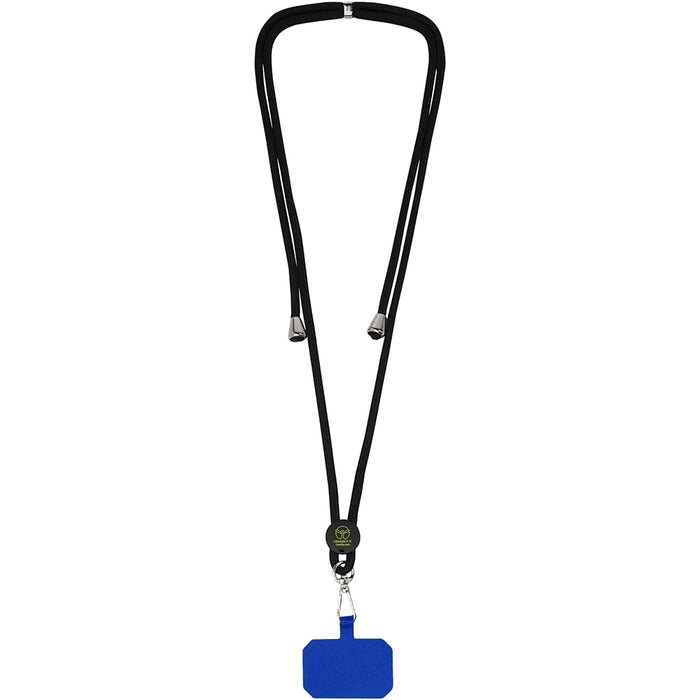 Kubi Phone Lanyard - A black lanyard with a blue attachment for holding devices, featuring a logo near the connector.