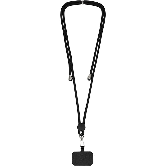 Kubi Phone Lanyard - A black lanyard with two cord ends and a rectangular attachment point. It features a branded logo.