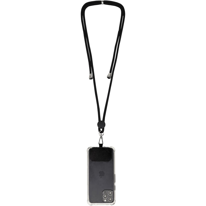 Kubi Phone Lanyard - A black phone lanyard holds a phone case with a transparent back and camera cutout, featuring a branding logo.
