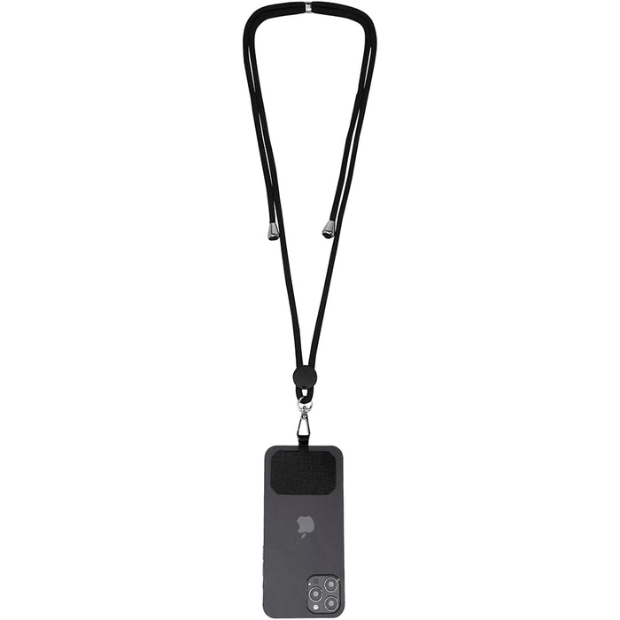 Kubi Phone Lanyard - A black phone lanyard holding a smartphone, featuring a simple design and a logo on the lanyard.