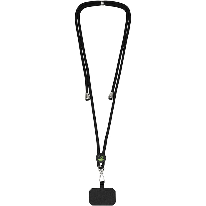 Kubi Phone Lanyard - A black phone lanyard features adjustable cords and a clip for attaching devices. It has a simplistic design.