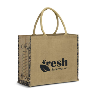 Modena Jute Tote Bag - A jute tote bag in natural beige with black branding and decorative edges. Features sturdy handles for easy carrying.