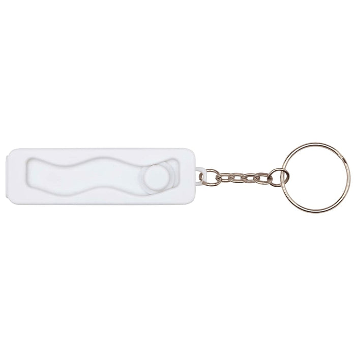 Aggia Recycled Plastic Phone Stand w/ Fidget Toy - A white recycled plastic phone stand with a fidget toy, attached to a metal keychain.