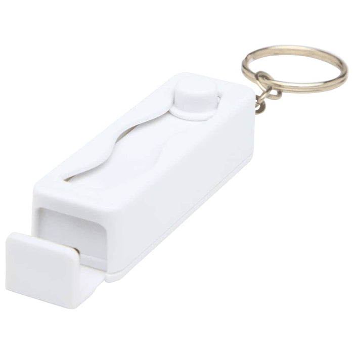 Aggia Recycled Plastic Phone Stand w/ Fidget Toy - A white recycled plastic phone stand with a fidget toy attached, complete with a keyring for easy carrying.