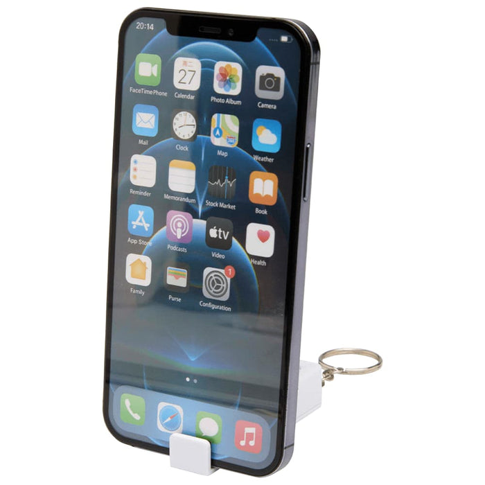 Aggia Recycled Plastic Phone Stand w/ Fidget Toy - A white recycled plastic phone stand featuring a fidget toy attached, designed to hold a smartphone.