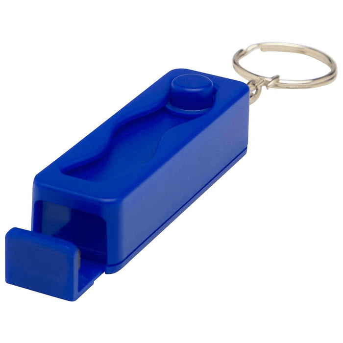 Aggia Recycled Plastic Phone Stand w/ Fidget Toy - A blue plastic phone stand with a fidget toy attached, featuring a keyring for easy carrying.