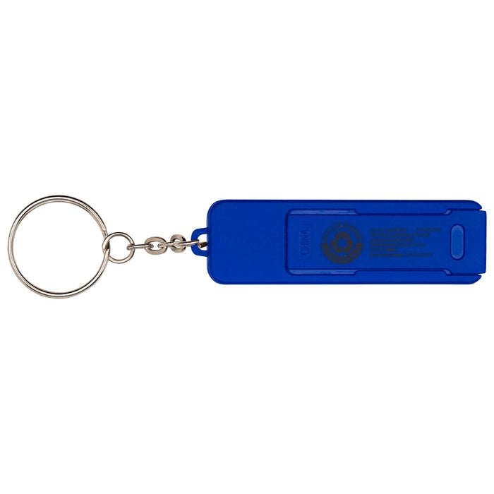 Aggia Recycled Plastic Phone Stand w/ Fidget Toy - A blue keychain with a fidget toy attached, featuring a circular logo and a simple design.