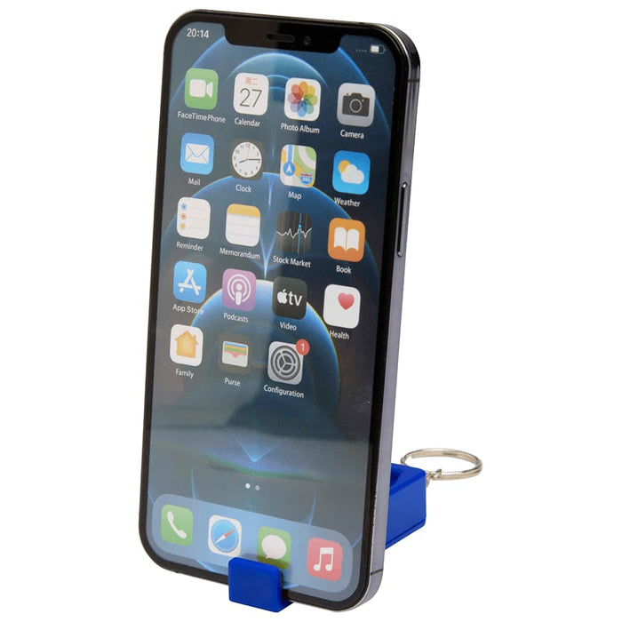 Aggia Recycled Plastic Phone Stand w/ Fidget Toy - A blue recycled plastic phone stand with a fidget toy, holding a smartphone displaying various apps.