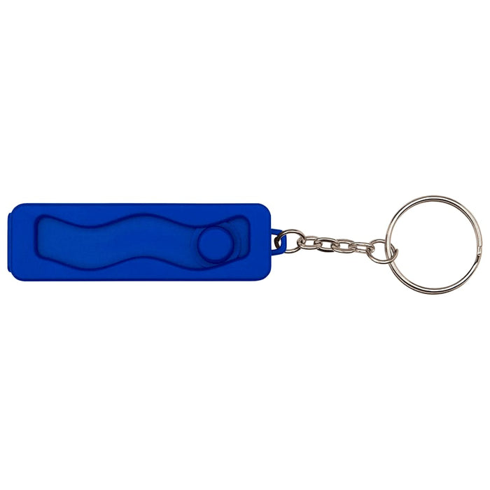 Aggia Recycled Plastic Phone Stand w/ Fidget Toy - A blue keychain fidget toy with a smooth surface and a button, attached to a metal ring.