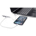 Alkaid 4-Port Recycled Aluminium USB-A & Type-C Hub w/ Dual Input - A 4-port USB hub in silver connects to a laptop with a phone attached, featuring USB-A and Type-C inputs.