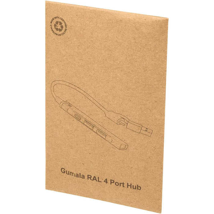 Alkaid 4-Port Recycled Aluminium USB-A & Type-C Hub w/ Dual Input - A brown cardboard packaging featuring a sketch of the Alkaid 4-Port Recycled Aluminium USB-A & Type-C Hub with dual input.