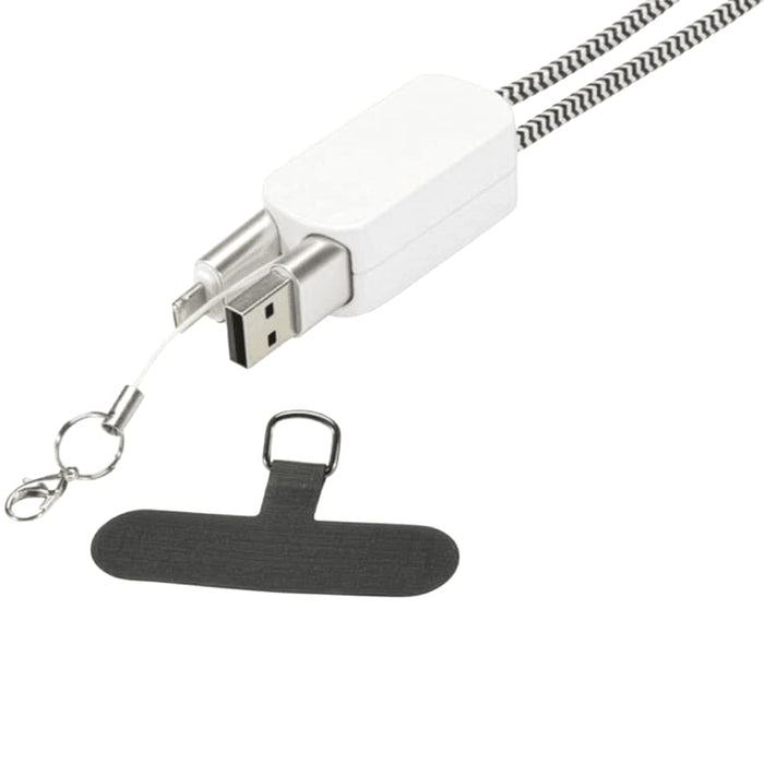 Anser Recycled Plastic Smartphone Lanyard w/ 27W 5-in-1 Built-in Cable - A smartphone lanyard in black and white, featuring a 27W 5-in-1 built-in cable with a USB connector and attachment loop.