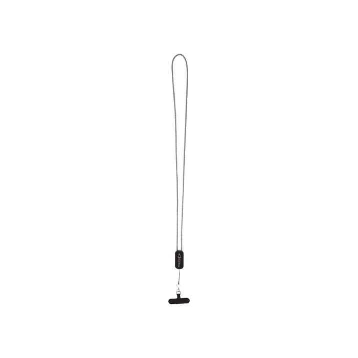 Anser Recycled Plastic Smartphone Lanyard w/ 27W 5-in-1 Built-in Cable - A grey smartphone lanyard with a built-in cable and a small attachment clip. It features a logo on the lanyard.