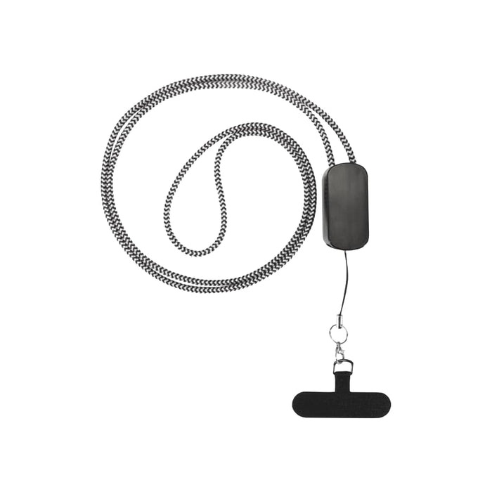 Anser Recycled Plastic Smartphone Lanyard w/ 27W 5-in-1 Built-in Cable - A black lanyard with a woven cord and a rectangular attachment for holding a smartphone or accessory.