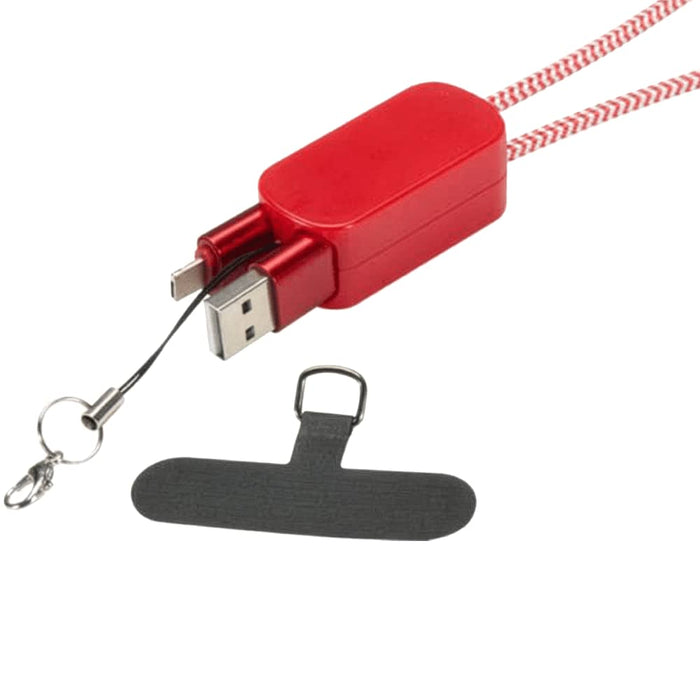 Anser Recycled Plastic Smartphone Lanyard w/ 27W 5-in-1 Built-in Cable - A red smartphone lanyard featuring a built-in 5-in-1 cable and a black attachment clip.