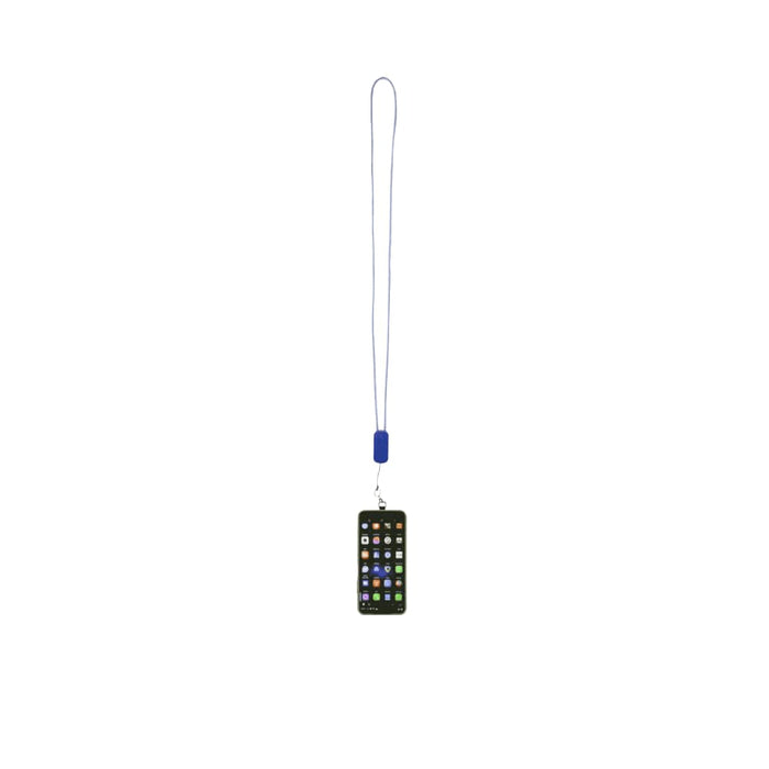 Anser Recycled Plastic Smartphone Lanyard w/ 27W 5-in-1 Built-in Cable - A blue lanyard attached to a smartphone holder. The holder has a dark design and features a built-in cable.