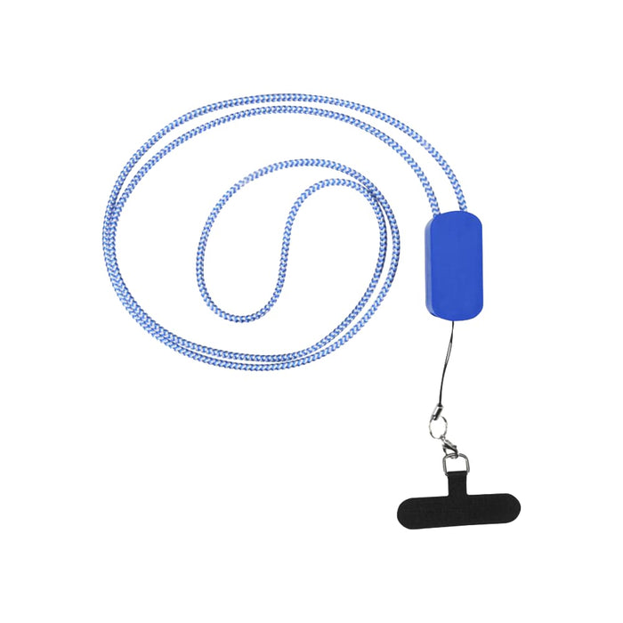 Anser Recycled Plastic Smartphone Lanyard w/ 27W 5-in-1 Built-in Cable - A blue smartphone lanyard with a braided cord and a black attachment clip. Includes a built-in cable.