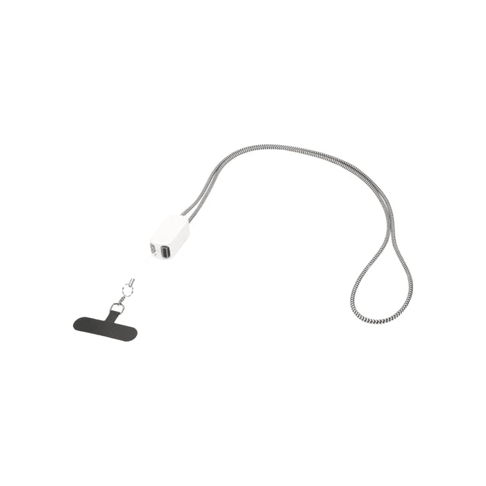 Anser Recycled Plastic Smartphone Lanyard w/ 27W 5-in-1 Built-in Cable - A white smartphone lanyard with a silver cord and a built-in 5-in-1 charging cable. Features a hook attachment.