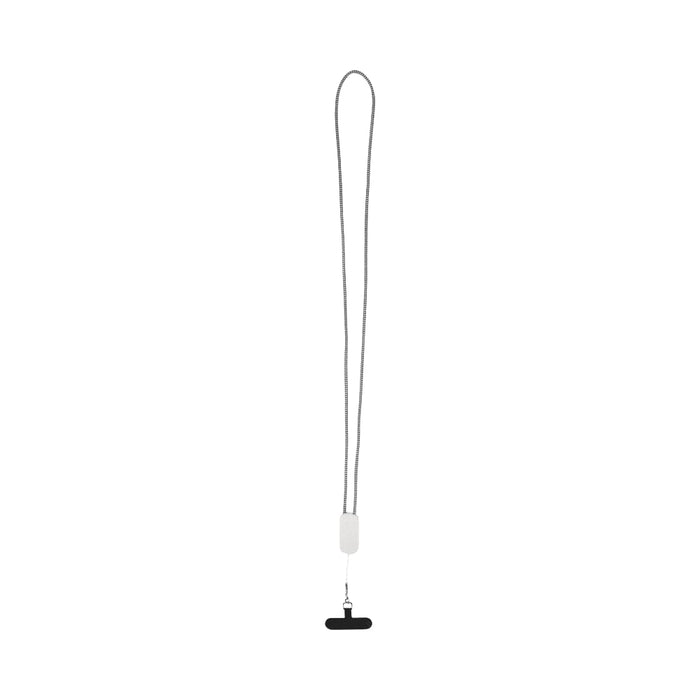 Anser Recycled Plastic Smartphone Lanyard w/ 27W 5-in-1 Built-in Cable - A grey smartphone lanyard with a built-in black connector and a white attachment section, featuring a logo.