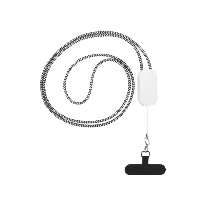Anser Recycled Plastic Smartphone Lanyard w/ 27W 5-in-1 Built-in Cable - A recycled plastic smartphone lanyard in black and white, featuring a built-in cable and a clip attachment.
