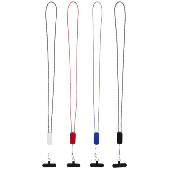 Anser Recycled Plastic Smartphone Lanyard w/ 27W 5-in-1 Built-in Cable - A set of four smartphone lanyards in grey, red, blue, and white, each with a black attachment.