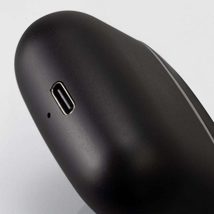 Swiss Peak TWS Earbuds 2.0 - A pair of black TWS earbuds with a charging port, featuring a sleek design and a branding logo.
