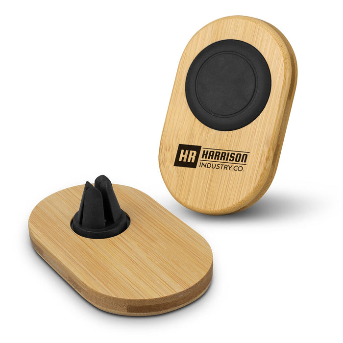 Bamboo Car Phone Holder - A bamboo car phone holder featuring a black rubber grip and a logo. The design is oval and eco-friendly.