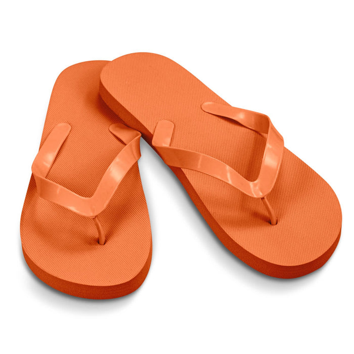 Tidal Flip Flops - A pair of orange flip flops with a textured sole and a simple thong strap. Features a logo.