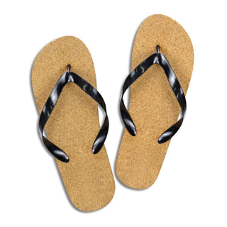 Fiji Flip Flops - A pair of black thong-style flip flops with a cork sole, featuring a simple design.