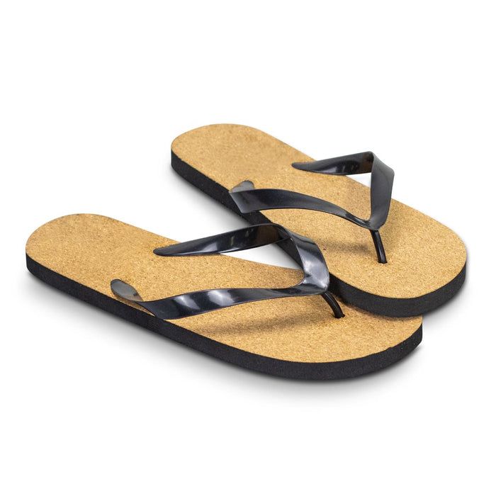 Fiji Flip Flops - Black flip flops with a cork footbed and black straps, featuring a logo on one strap.