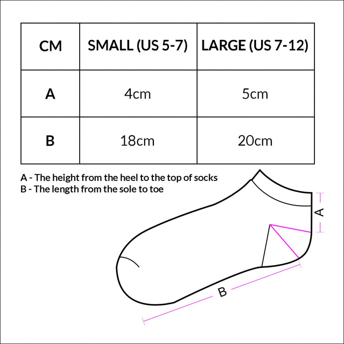 June Ankle Socks - A diagram of June Ankle Socks with measurements for small and large sizes in centimetres. Features an illustration of the socks.