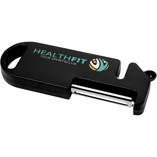 Kipper Multi-purpose Kitchen Tool - A multi-purpose kitchen tool in black with a logo, featuring a peeling blade and a finger grip design.