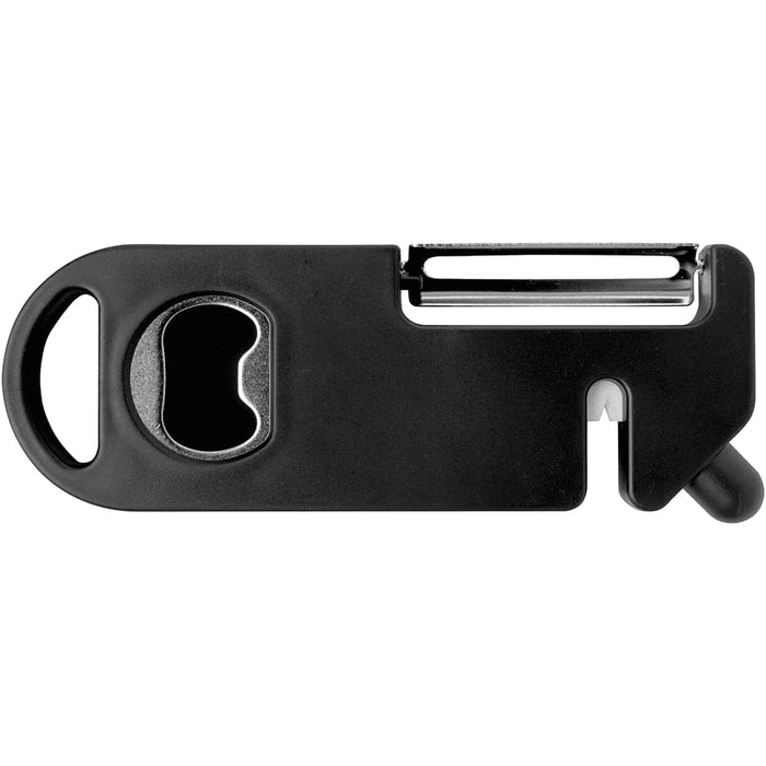 Kipper Multi-purpose Kitchen Tool - A black multi-purpose kitchen tool featuring a bottle opener, peeler, and built-in measuring tool. It has a compact design.