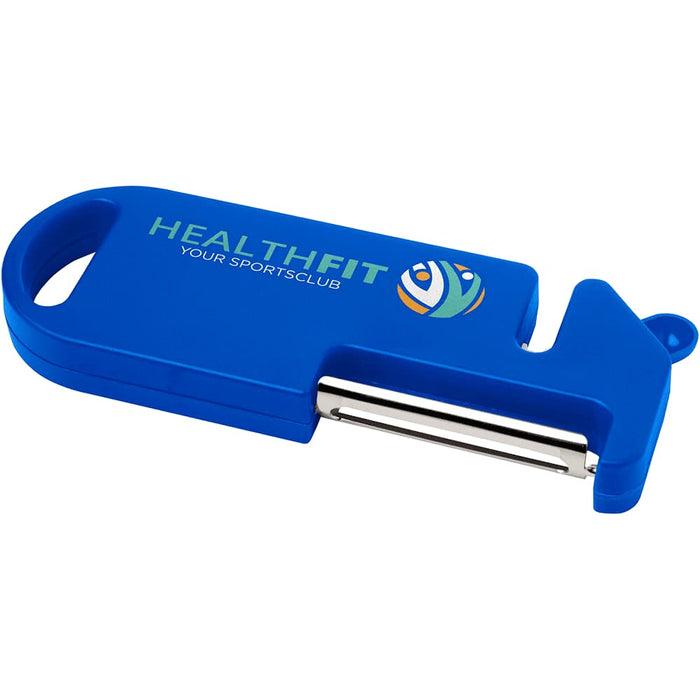 Kipper Multi-purpose Kitchen Tool - A blue multi-purpose kitchen tool with a stainless steel blade and a logo on the handle.