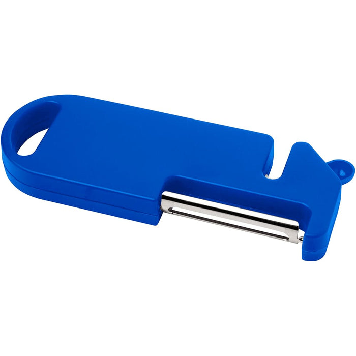 Kipper Multi-purpose Kitchen Tool - A blue multi-purpose kitchen tool with a peeler blade and a handle, featuring a logo on the side.