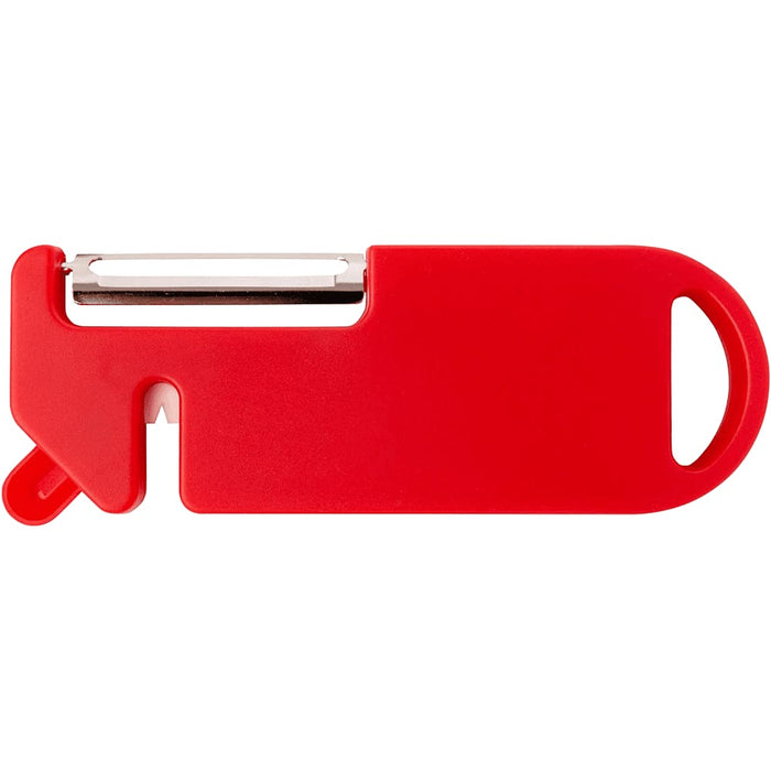 Kipper Multi-purpose Kitchen Tool - A red multi-purpose kitchen tool with a peeler and a handle. It features a simple, sleek design and includes a logo.
