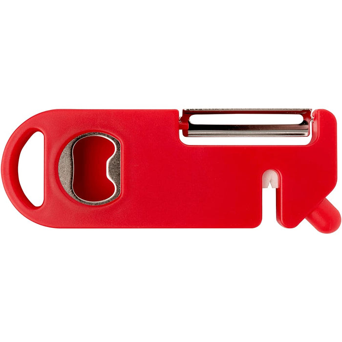 Kipper Multi-purpose Kitchen Tool - A red multi-purpose kitchen tool featuring a peeler, bottle opener, and a small tip for various functions.