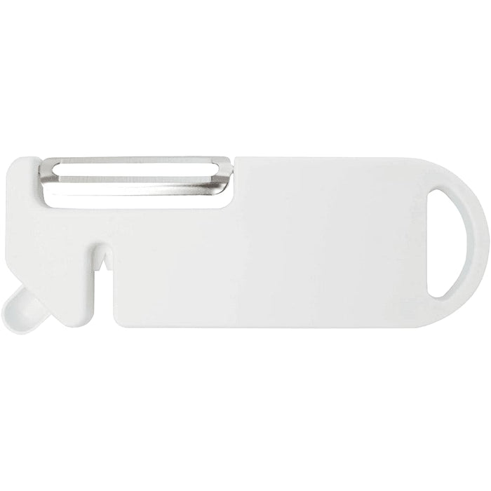 Kipper Multi-purpose Kitchen Tool - A white multi-purpose kitchen tool with a peeler and a handle. It has a simple, sleek design.