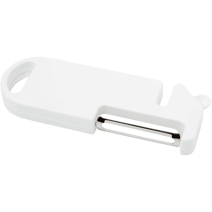 Kipper Multi-purpose Kitchen Tool - A white multi-purpose kitchen tool with a peeling blade and a hole for hanging or grip. It features a simple, sleek design.