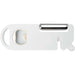 Kipper Multi-purpose Kitchen Tool - A multi-purpose kitchen tool in white, featuring a peeler, lid opener, and small cutting edge. It has a logo.