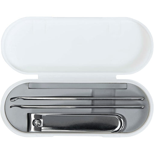 Beautix Manicure Set - A white manicure set case containing metal tools including a nail clipper and two cuticle pushers.