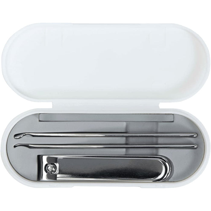 Beautix Manicure Set - A white manicure set case containing metal tools including a nail clipper and two cuticle pushers.