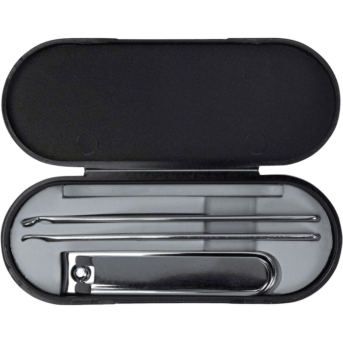 Beautix Manicure Set - A black manicure set containing a nail clipper and two tools in a sleek, oval case.