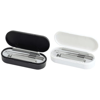 Beautix Manicure Set - A manicure set in black and white cases, containing various metal nail care tools. Each case is open and displays its contents.