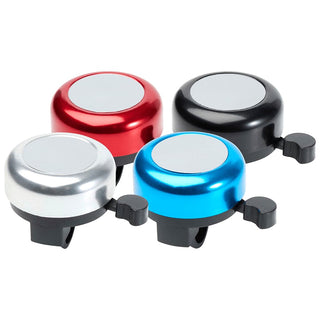 Bellix Bicycle Bell - A set of four bicycle bells in red, black, blue, and silver with a shiny top and a mountable lever.