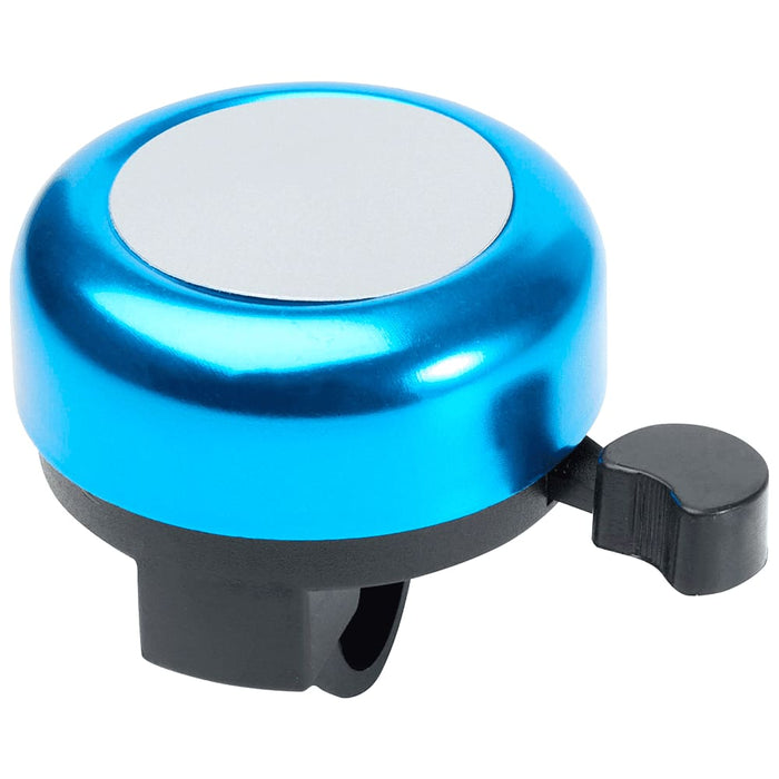 Bellix Bicycle Bell - A blue bicycle bell with a shiny finish and a black lever for ringing. It has a circular shape and a blank centre.