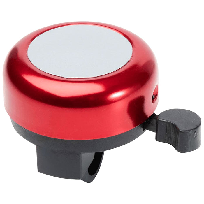 Bellix Bicycle Bell - A red metal bicycle bell featuring a black mount and a lever for ringing. It has a plain circular top.