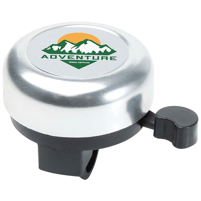 Bellix Bicycle Bell - A silver bicycle bell with a black lever and a circular logo featuring mountains and the word "ADVENTURE".