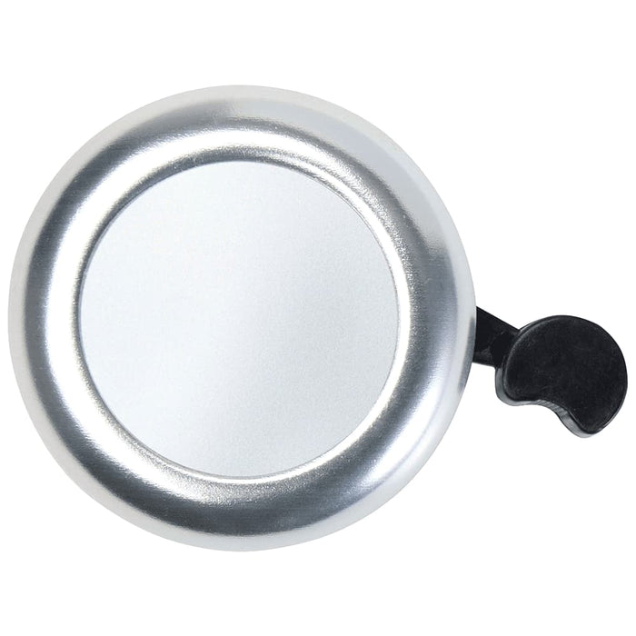 Bellix Bicycle Bell - A silver bicycle bell with a black lever, featuring a circular design and a smooth finish.